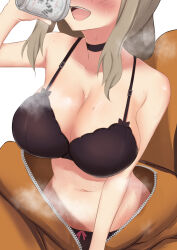 Rule 34 | 1girl, bare shoulders, black bra, blonde hair, blush, bra, breasts, can, check commentary, choker, cleavage, unworn clothes, commentary, commentary request, costume, cropped head, drink, drinking, highres, large breasts, lycoris recoil, nakahara mizuki, navel, open mouth, sidelocks, simple background, steam, steaming body, sweat, t-8000, underwear, unzipped, upper body, white background, zipper