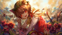 Rule 34 | 1girl, animal ears, blurry, blurry background, brown hair, cat ears, cat tail, chen, chinese clothes, claw pose, earrings, fangs, flower, frilled skirt, frills, green hat, hat, highres, jewelry, long sleeves, looking at viewer, mob cap, multiple tails, red skirt, red vest, shirt, short hair, single earring, skirt, skirt set, solo, tail, touhou, two tails, vest, white shirt, yellow neckwear, ze xia