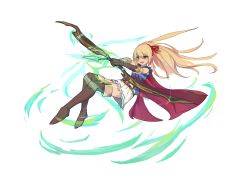 Rule 34 | 1girl, :d, absurdres, arisa (shadowverse), arrow (projectile), blonde hair, blue shirt, boots, bow (weapon), cape, elf, full body, green eyes, hair between eyes, hair ribbon, hair tie, hairband, highres, holding, holding arrow, knee boots, long hair, minhongchen, non porn, open mouth, pointy ears, red cape, ribbon, shadowverse, shirt, skirt, sleeveless, sleeveless shirt, smile, solo, thigh boots, thighhighs, weapon, white background