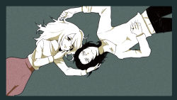 Rule 34 | 2girls, androgynous, black hair, blonde hair, border, canko, freckles, grabbing another&#039;s hair, hair down, hand on another&#039;s head, highres, krista lenz, lying, monochrome, multiple girls, partially colored, shingeki no kyojin, short hair, smile, white hair, ymir (shingeki no kyojin)