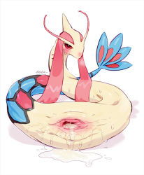 Rule 34 | 1girl, aftersex, artist name, bad id, bad tumblr id, bebebe, blush, creatures (company), cum, cum in pussy, female focus, full body, game freak, gaping, gen 3 pokemon, half-closed eyes, long hair, looking at viewer, milotic, nintendo, no humans, nose blush, pokemon, pokemon (creature), puddle, pussy, pussy juice, red eyes, red hair, shiny skin, signature, simple background, solo, sweat, twintails, uncensored, white background