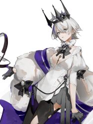 Rule 34 | 1girl, absurdres, black bow, black bowtie, black gloves, black thighhighs, blue eyes, bow, bowtie, commentary request, cowboy shot, crown, dress, fur shawl, gloves, grey gemstone, grey hair, grey skirt, half gloves, highres, hui wuya, looking at viewer, medium hair, multicolored hair, open mouth, puffy sleeves, purple hair, shawl, simple background, skirt, solo, streaked hair, tassel, thighhighs, vocaloid, vsinger, white background, white dress, yanhe