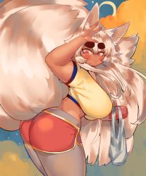 Rule 34 | 1girl, amputee, animal ears, arm up, ass, bag, blush stickers, breasts, crop top, dark-skinned female, dark skin, fox ears, fox girl, fox tail, grocery bag, large breasts, long hair, midriff, original, pantyhose, pincerpencil, red eyes, red shorts, shopping bag, shorts, shortstack, sketch, solo, tail, thick eyebrows, tongue, tongue out, very long hair, white hair