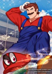 Rule 34 | 1boy, bara, buttons, cappy (mario), chest hair, commentary request, facial hair, floating, foot out of frame, foreshortening, gluteal fold, hand in own hair, kienbiu, large pectorals, legs apart, long sideburns, looking at viewer, male focus, mario, mario (series), mature male, muscular, muscular male, mustache, nintendo, aged up, overalls, paid reward available, pectoral cleavage, pectorals, personification, paid reward available, short hair, sideburns, smirk, solo, sparkle, super mario odyssey, thick thighs, thighs