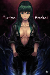 Rule 34 | 1girl, bat (animal), bat wings, black shirt, breasts, casual, cleavage, collarbone, facing viewer, green eyes, green hair, hands in pockets, highres, lips, looking at viewer, low wings, morrigan aensland, no bra, pants, plunging neckline, ryu shou, shirt, sleeves pushed up, solo, unbuttoned, unbuttoned shirt, vampire (game), wings