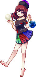 Rule 34 | 1girl, bare shoulders, barefoot, chain, clothes writing, collar, earth (ornament), hat, hecatia lapislazuli, highres, long hair, moon (ornament), multicolored clothes, multicolored skirt, open mouth, red eyes, red hair, shirt, skirt, smile, solo, t-shirt, touhou, uranaishi (miraura)