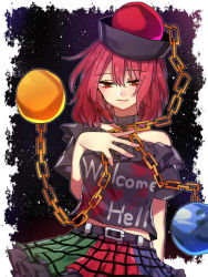 Rule 34 | 1girl, bare shoulders, chain, clothes writing, collar, earth (ornament), hat, hecatia lapislazuli, highres, moon (ornament), multicolored clothes, multicolored skirt, one-hour drawing challenge, red eyes, red hair, renka (sutegoma25), shirt, skirt, solo, t-shirt, touhou