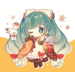 Rule 34 | 1girl, animal, apron, aqua eyes, aqua hair, blush stickers, boots, bow, braid, bread, brown footwear, brown kimono, brown skirt, butter, carrot print, carrot slice, checkered clothes, checkered kimono, chef hat, chibi, closed mouth, commentary, cross-laced footwear, dot mouth, earrings, food, food print, fork hair ornament, full body, gradient hair, green pepper, hair bow, hat, hatsune miku, highres, holding, holding ladle, holding menu, holding tray, inomo (qimoshu), japanese clothes, jewelry, kappougi, kimono, lace-up boots, ladle, long hair, looking at viewer, low twin braids, menu, multicolored hair, neckerchief, one eye closed, orange background, orange sleeves, pleated skirt, rabbit, rabbit yukine, red neckerchief, serving dome, shrimp, skirt, sleeves past fingers, sleeves past wrists, snowflake background, snowflakes, solo, spoon hair ornament, squash, standing, star-shaped food, star (symbol), star earrings, symbol-only commentary, tray, treble clef, twin braids, twintails, two-tone background, vegetable print, very long hair, vocaloid, white background, white bow, white hair, white hat, wide sleeves, yuki miku, yuki miku (2024)