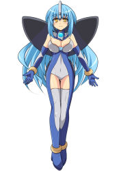 Rule 34 | 1girl, ankle band, blue bodysuit, blue footwear, blue gloves, blue hair, blush, bodysuit, boots, breasts, butterfly wings, cleavage, cross (crossryou), gloves, grey bodysuit, grey footwear, grey gloves, headpiece, insect wings, large breasts, long hair, looking at viewer, personification, smile, standing, thigh boots, thighhighs, ultra series, ultraman cosmos, ultraman cosmos (series), white background, wings, wristband, yellow eyes