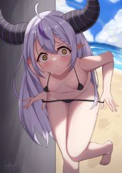 Rule 34 | 1girl, absurdres, ahoge, artist name, beach, bikini, bikini pull, black bikini, blush, braid, breasts, chestnut mouth, clothes pull, dated, demon girl, demon horns, ear blush, grey hair, hashira 14, highres, hololive, horns, la+ darknesss, long hair, looking at viewer, micro bikini, multicolored hair, navel, outdoors, pointy ears, rainbow, signature, small breasts, solo, standing, standing on one leg, streaked hair, striped horns, sweat, swimsuit, thighs, very long hair, virtual youtuber, yellow eyes