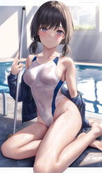 Rule 34 | 1girl, 3:, bare legs, bare shoulders, barefoot, blue jacket, blush, breasts, brown hair, closed mouth, collarbone, competition swimsuit, covered navel, day, foot out of frame, groin, highleg, highleg swimsuit, highres, holding, holding mop, jacket, jacket partially removed, letterboxed, light rays, looking at viewer, medium breasts, medium hair, mhru, mole, mole under eye, mop, off shoulder, one-piece swimsuit, open clothes, open jacket, original, outside border, pool, poolside, purple eyes, short twintails, sidelighting, sitting, soles, solo, sunlight, swimsuit, thighs, tile floor, tiles, twintails, two-tone swimsuit, water, wet, wet clothes, wet floor, wet swimsuit, white one-piece swimsuit, window, yokozuwari