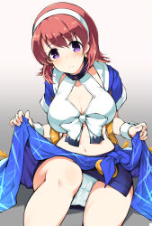 Rule 34 | 1girl, bow, breasts, choker, cleavage, closed mouth, collarbone, covered collarbone, frown, gradient background, hair between eyes, hairband, halterneck, hasegawa akemi, large breasts, looking at viewer, miniskirt, navel, panties, pia carrot (series), pia carrot e youkoso!! 3, pink hair, purple choker, purple eyes, purple skirt, short hair, sitting, skirt, solo, underwear, white bow, white hairband, white panties, wrist cuffs, youhei 64d