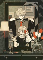 Rule 34 | 1boy, 1girl, black coat, black eyes, blonde hair, bow, brown shirt, closed eyes, coat, collared shirt, drawer, flower, glasses, hair bow, hands up, height difference, highres, indoors, keishin, lamp, limited palette, long sleeves, mirror, necktie, original, parted lips, red bow, red flower, red neckwear, shirt, short hair, smile, vase, white flower