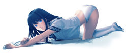 Rule 34 | 1girl, all fours, ass, black hair, blue eyes, from behind, full body, highres, kneehighs, long hair, looking at viewer, no pants, original, outstretched arms, panties, school uniform, serafuku, shirt, simple background, smile, socks, solo, top-down bottom-up, tora tsugumi, underwear, white background, white socks, white panties, white shirt