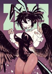 Rule 34 | 2023, absurdres, antenna hair, aqua bow, aqua bowtie, bags under eyes, bird tail, black hair, black leotard, bow, bowtie, breasts, cameltoe, chinese zodiac, claws, feathered wings, fewer digits, gradient background, grin, hair between eyes, highres, karasu raven, large breasts, leotard, low wings, messy hair, monster girl, new year, original, pantyhose, playboy bunny, ponytail, purple background, smile, strapless, strapless leotard, tail, wings, wrist cuffs, year of the rabbit
