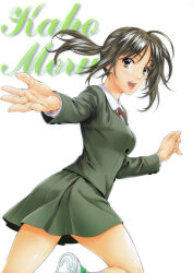 Rule 34 | 1990s (style), 1girl, absurdres, brown hair, character name, cursive, green hair, green skirt, highres, kai tomohisa, long hair, long sleeves, looking at viewer, miniskirt, morii kaho, non-web source, official art, open mouth, outstretched arm, ponytail, retro artstyle, school uniform, sentimental graffiti, simple background, skirt, solo, teeth, upper teeth only, white background