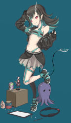 Rule 34 | 1girl, nanashi inc., absurdres, belt, belt bra, black footwear, black gloves, black hair, black skirt, black thighhighs, blue belt, blue hair, blue socks, blush, can, chest belt, closed mouth, clothing cutout, commentary request, cropped jacket, cross-laced clothes, cross-laced sleeves, demon girl, demon horns, demon tail, drawing tablet, figure, flat chest, full body, garter straps, gloves, grey skirt, highres, honey strap, horns, jacket, layered skirt, long hair, long sleeves, looking at viewer, multicolored hair, navel, octopus, off shoulder, open clothes, open jacket, partially fingerless gloves, red eyes, ring-con, rose22, shishio chris, shoes, shoulder cutout, simple background, single thighhigh, skirt, smile, sneakers, socks, solo, standing, standing on one leg, stylus, sugar lyric, suou patra, tail, thighhighs, two-tone hair, virtual youtuber, zipper skirt