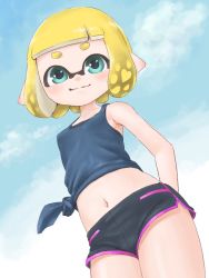 Rule 34 | 1girl, blue eyes, breasts, day, domino mask, dondoruma, female focus, gym shorts, highres, inkling player character, light smile, looking at viewer, mask, midriff, navel, nintendo, outdoors, pointy ears, short shorts, shorts, small breasts, solo, splatoon (series)