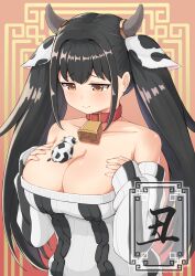 Rule 34 | 1girl, absurdres, animal print, bell, black hair, blush, breasts, brown background, brown eyes, character request, chinese zodiac, cleavage, closed mouth, collar, collarbone, commentary request, copyright request, cow, cow print, detached sleeves, dot nose, furrowed brow, highres, horns, jitome, large breasts, long hair, looking down, nabe-san, neck bell, sidelocks, sitting on breasts, size difference, sleeveless, sleeveless sweater, sleeves past wrists, solo focus, sweater, tail, translation request, upper body, year of the ox