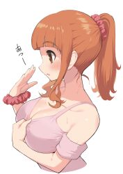 Rule 34 | 1girl, absurdres, bare shoulders, blush, breasts, brown eyes, cleavage, collarbone, girls und panzer, hair ornament, hair scrunchie, highres, large breasts, long hair, open mouth, orange hair, ponytail, scrunchie, shiny skin, shirt, simple background, solo, sweat, takebe saori, upper body, white background, yabai gorilla