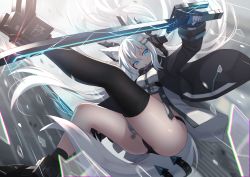 Rule 34 | 1girl, animal ears, ass, asymmetrical legwear, bare legs, black coat, black panties, black thighhighs, blue eyes, boots, coat, dress, fox ears, fox girl, fox tail, hair ornament, hairclip, highres, holding, holding sword, holding weapon, lightning, long hair, long sleeves, looking at viewer, midriff, mirufuaa, open clothes, open coat, open mouth, original, panties, revealing clothes, short dress, single thighhigh, socks, solo, sword, tail, thighhighs, thighs, underwear, uneven legwear, v-shaped eyebrows, very long hair, weapon, white dress, white hair