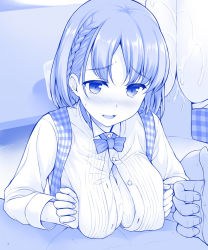 Rule 34 | 1boy, 1girl, ai-chan (tawawa), blue theme, blush, borrowed character, bow, bowtie, braid, breasts, cleavage, getsuyoubi no tawawa, hetero, indoors, kobeya uniform, large breasts, monochrome, nose blush, official style, open mouth, out of frame, paizuri, paizuri under clothes, penis, short hair, side braid, sweat, thumbs up, unbuttoned, uni8