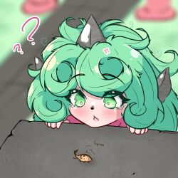Rule 34 | 1girl, ?, ??, absurdres, beetle, blurry, blurry background, blush, bug, commentary, curly hair, english commentary, green eyes, green hair, highres, horns, insect, komano aunn, open mouth, outdoors, rownou, single horn, solo, touhou