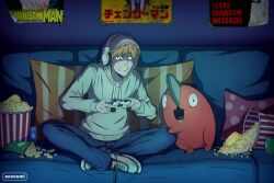 Rule 34 | 1boy, 1other, axonomi, can, chainsaw man, chips (food), copyright name, copyright request, denji (chainsaw man), drink can, food, grey hoodie, headphones over headwear, highres, holding leg, hood, hoodie, indian style, on bed, playing games, pochita (chainsaw man), popcorn, poster (object), sitting, small sweatdrop