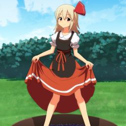 Rule 34 | 1girl, alternate costume, blonde hair, cato (monocatienus), cloud, cloudy sky, day, dress, food, fruit, grapes, red eyes, rumia, short sleeves, skirt hold, sky, solo, touhou