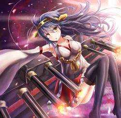 Rule 34 | 10s, 1girl, armpits, black hair, boots, breasts, cannon, hairband, haruna (kancolle), kantai collection, large breasts, long hair, looking at viewer, miniskirt, nontraditional miko, outstretched arm, skirt, solo, sumapan, thigh boots, thighhighs, yellow eyes