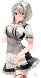 Rule 34 | anchor, anchor choker, apron, azur lane, bad id, bad pixiv id, breasts, character name, choker, cleavage, collarbone, commentary request, dated, frilled apron, frilled choker, frills, hair between eyes, hairband, highres, lace-trimmed hairband, lace trim, large breasts, maid apron, puffy sleeves, red eyes, short sleeves, sidelocks, sirius (azur lane), solo, twitter username, waist apron, white apron, white background, white hair, white legwear, xretakex