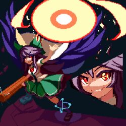 Rule 34 | 1girl, arm cannon, bird wings, black hair, black wings, bow, brodall pixel, closed mouth, commentary request, green bow, green skirt, hair bow, highres, multiple views, pixel art, red eyes, reiuji utsuho, shirt, skirt, smile, touhou, weapon, white shirt, wings