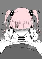 Rule 34 | blunt bangs, blush, censored, collar, fellatio, hair bobbles, hair ornament, hair over eyes, hair over one eye, hands on legs, heart, highres, komusou (jinrikisha), lips, looking at viewer, monochrome, one eye covered, oral, original, penis, pink hair, pov, saliva, suspenders, sweat, trembling, twintails, yellow eyes