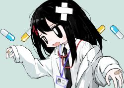 Rule 34 | 1girl, absurdres, bandaid, bandaid on hand, bandaid on head, black eyes, black hair, black necktie, blush, bright pupils, cardiogram, commentary, crossed bandaids, furrowed brow, green background, hair ornament, hands up, head tilt, highres, id card, lab coat, lanyard, long hair, looking ahead, necktie, off shoulder, original, pill background, shii595, shirt, sleeves past wrists, solo, stethoscope, symbol-only commentary, upper body, w arms, wavy mouth, white pupils, white shirt