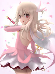 Rule 34 | 1girl, ass, back, blonde hair, elbow gloves, fate/kaleid liner prisma illya, fate (series), feather hair ornament, feathers, gloves, hair between eyes, hair ornament, highres, holding, holding wand, illyasviel von einzbern, kaleidostick, long hair, looking at viewer, looking back, magical girl, magical ruby, open mouth, petals, pink feathers, prisma illya, red eyes, siraha, solo, standing, two side up, wand, white gloves