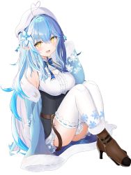 Rule 34 | 1girl, :d, absurdres, ahoge, arms up, bad id, bad pixiv id, bare shoulders, belt, beret, blouse, blue bow, blue bowtie, blue coat, blue hair, blue skirt, boots, bow, bowtie, braid, breasts, brown belt, brown footwear, center frills, cleavage, cleavage cutout, clothing cutout, coat, elf, eyelashes, flower, frilled shirt, frilled skirt, frilled thighhighs, frills, full body, fur-trimmed boots, fur-trimmed coat, fur trim, hair between eyes, hair flower, hair ornament, half updo, hand on own head, hat, heart, heart ahoge, high heel boots, high heels, highres, hololive, large breasts, leather belt, light blush, long hair, looking at viewer, miniskirt, multicolored hair, nekoya minamo, off shoulder, open mouth, pointy ears, print skirt, print thighhighs, shirt, simple background, sitting, skirt, sleeveless, sleeveless shirt, smile, snowflake hair ornament, snowflake print, solo, streaked hair, teeth, thighhighs, underbust, upper teeth only, virtual youtuber, white background, white hat, white shirt, white thighhighs, yellow eyes, yukihana lamy