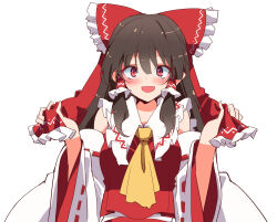 Rule 34 | 1girl, :d, ascot, bare shoulders, blush, bow, breasts, brown hair, commentary request, detached sleeves, frilled bow, frilled hair tubes, frilled shirt collar, frills, hair between eyes, hair bow, hair tubes, hakurei reimu, hands up, happy, highres, holding, holding ribbon, ichimura kanata, long hair, long sleeves, looking at viewer, medium breasts, nontraditional miko, one-hour drawing challenge, open mouth, red bow, red eyes, red ribbon, red vest, ribbon, simple background, smile, solo, straight-on, touhou, upper body, very long hair, vest, white background, wide sleeves, yellow ascot