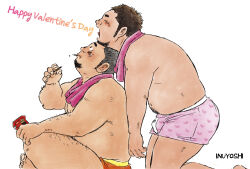 Rule 34 | 2boys, bara, belly, blush, boxers, chin rest, couple, facial hair, fat, fat man, food in mouth, from side, full body, goatee, happy valentine, head on head, head rest, heart, heart print, inu yoshi (neko yoshi), long sideburns, looking at another, male focus, male underwear, mature male, multiple boys, navel hair, original, pink male underwear, pocky, pocky in mouth, print male underwear, profile, red male underwear, sanpaku, short hair, sideburns, sitting, sleeping, sparse arm hair, sparse leg hair, thick eyebrows, topless male, towel, towel around neck, underwear, yaoi