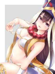 Rule 34 | 1girl, blush, bra, breasts, bridal gauntlets, brown hair, commentary request, dutch angle, fate/grand order, fate (series), grey background, hand up, hane yuki, hat, highres, jewelry, large breasts, long hair, looking at viewer, navel, necklace, open mouth, panties, pink eyes, simple background, solo, underwear, white bra, white panties, xuangzang sanzang (fate)