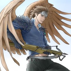 Rule 34 | 1boy, black gloves, black pants, blue eyes, blue shirt, bow (weapon), brown hair, crossbow, earrings, gloves, gradient background, headband, holding, holding weapon, jewelry, looking to the side, male focus, necklace, pants, shirt, solo, standing, tactics ogre, weapon, windcaller