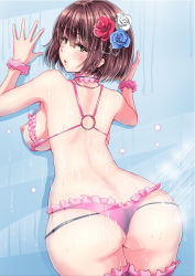Rule 34 | 1girl, ass, bad id, bad pixiv id, bare shoulders, blush, bra, breasts, brown hair, hair ornament, large breasts, looking at viewer, looking back, medium breasts, nipples, open mouth, original, panties, piston ring, puffy nipples, short hair, sideboob, solo, thighhighs, underwear, wet, wide hips, yellow eyes