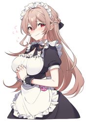 Rule 34 | 1girl, ^^^, apron, badge, black ribbon, button badge, cowboy shot, double-parted bangs, embarrassed, feet out of frame, female focus, frills, furen e lustario, hair between eyes, heart, highres, japanese text, long hair, looking at viewer, maid, maid apron, maid headdress, nijisanji, own hands together, red eyes, ribbon, short sleeves, sidelocks, simple background, smile, solo, sweatdrop, tooru (jux), uniform, upper body, white background