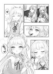 Rule 34 | 1girl, blowing kiss, blush, closed eyes, comic, commentary request, couch, fang, fang out, fingernails, greyscale, heart, highres, idolmaster, idolmaster cinderella girls, jougasaki rika, lips, long hair, looking at viewer, monochrome, notebook, pen, school uniform, short sleeves, sitting, smile, solo, spoken heart, two side up, waving, yapo (croquis side)