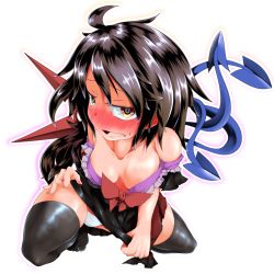 Rule 34 | 1girl, ahoge, alternate hair length, alternate hairstyle, asymmetrical wings, bare shoulders, black dress, black hair, black thighhighs, blush, breasts, breasts apart, collarbone, downblouse, dress, ear blush, full body, houjuu nue, long hair, looking at viewer, off shoulder, open mouth, outline, panties, simple background, solo, squatting, sweatdrop, teinba, thighhighs, touhou, underwear, white background, white panties, wings, yellow eyes