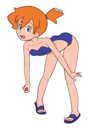 Rule 34 | 1girl, artist name, ass, bent over, bikini, blue bikini, blue eyes, blue footwear, breasts, collarbone, creatures (company), feet, full body, game freak, hair tie, highres, holding, holding poke ball, legs apart, looking at viewer, misty (pokemon), nintendo, open mouth, orange hair, pigeon-toed, poke ball, pokemon, pokemon (anime), pokemon sm042, pokemon sm (anime), poxuz, sandals, side ponytail, simple background, small breasts, smile, solo, source request, standing, strapless, swimsuit, teeth, text focus, white background
