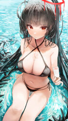 Rule 34 | 1girl, bikini, black bikini, black hair, black wings, blue archive, breasts, bust cup, closed mouth, collarbone, criss-cross halter, food, halo, halterneck, highres, holding, holding food, large breasts, long hair, looking at viewer, navel, official alternate costume, popsicle, red eyes, side-tie bikini bottom, sitting, solo, stomach, swimsuit, thighs, tsurugi (blue archive), tsurugi (swimsuit) (blue archive), very long hair, water, wavy mouth, wet, wings, yonchan