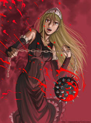 Rule 34 | 00s, 1girl, ball and chain (weapon), blonde hair, blood, breasts, chain, elbow gloves, gloves, hime (kaibutsu oujo), hinoki (hinoki-buro), impossible clothes, impossible shirt, kaibutsu oujo, open mouth, red eyes, shirt, solo, spiked ball and chain, tiara