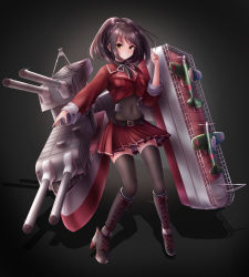 Rule 34 | 1girl, absurdres, aircraft, airplane, belt, black background, black thighhighs, boots, brown eyes, brown hair, clenched hand, cross-laced footwear, frown, full body, high heel boots, high heels, highres, knee boots, long sleeves, pleated skirt, red skirt, ribbon, shadow, short hair, skirt, solo, standing, steelblue mirage, suuzuki ayato, thighhighs, turret, white ribbon