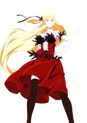 Rule 34 | 1girl, bakemonogatari, bare shoulders, black ribbon, black thighhighs, blonde hair, breasts, cleavage, dress, feather-trimmed gloves, feather trim, gloves, hair ribbon, hand on own hip, highres, kiss-shot acerola-orion heart-under-blade, large breasts, long hair, looking at viewer, looking down, monogatari (series), oshino shinobu, otsunabe (naabe delta), pointy ears, red dress, ribbon, simple background, smirk, solo, strapless, strapless dress, thighhighs, very long hair, white background, white gloves, yellow eyes