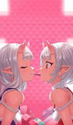 Rule 34 | 2girls, absurdres, artist request, bare shoulders, blush, breasts, brown eyes, chocolate, closed eyes, dark-skinned female, dark skin, demon girl, dress, female focus, highres, horns, lilith-soft, long hair, looking at another, multiple girls, official art, oni horns, pink background, pointy ears, ribbon, shiny skin, short hair, siblings, simple background, sisters, small breasts, smile, sophie (taimanin asagi), sweat, taimanin (series), taimanin asagi, twins, upper body, valentine, very long hair, walking, white background, white hair, yuphie (taimanin asagi)